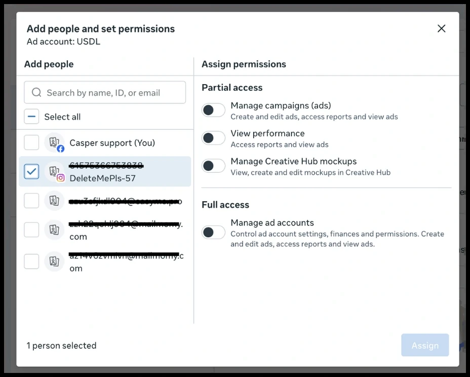 Assign the admin account and select permissions