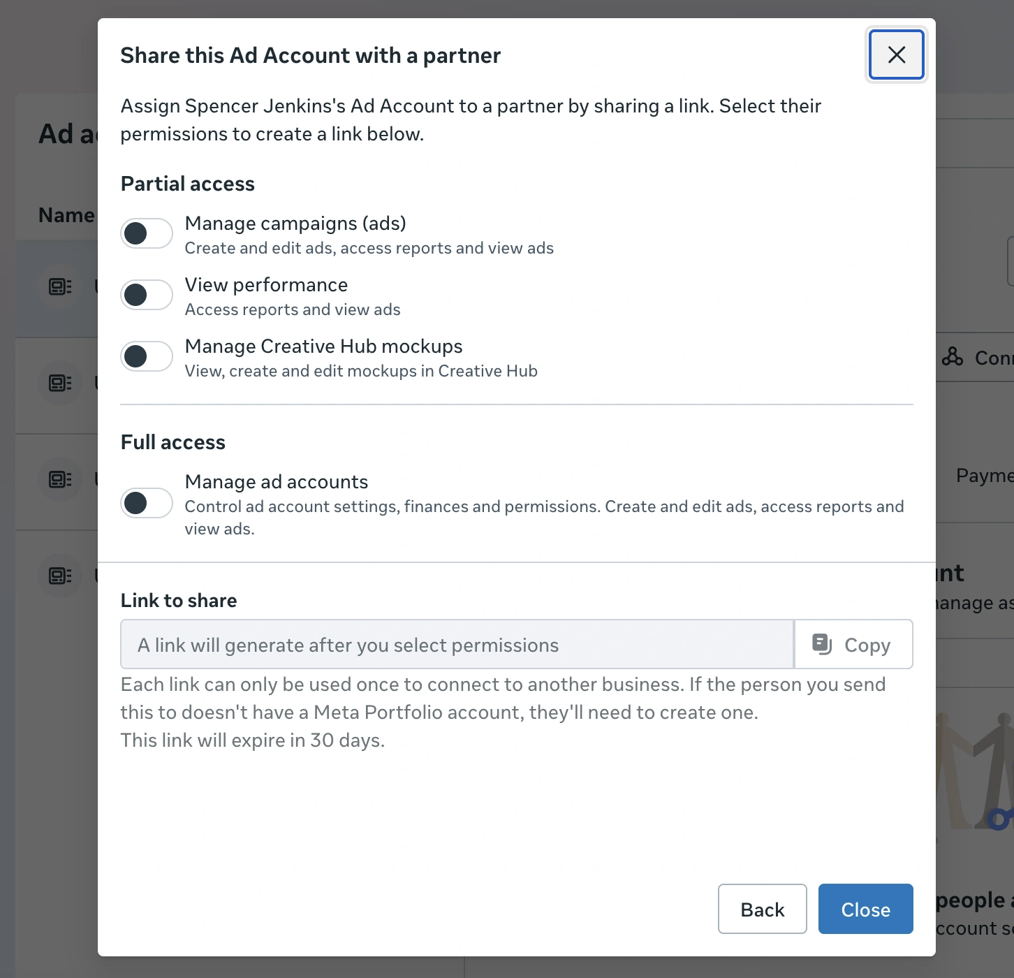 Select partner permissions