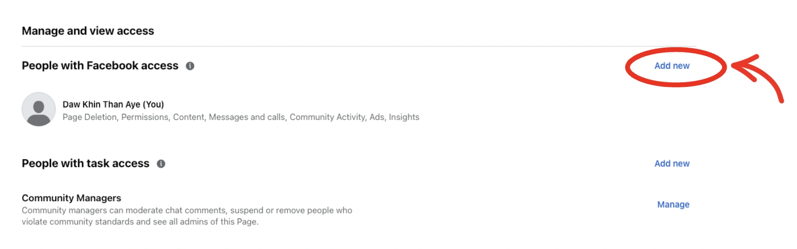 Press Add new under People with Facebook access