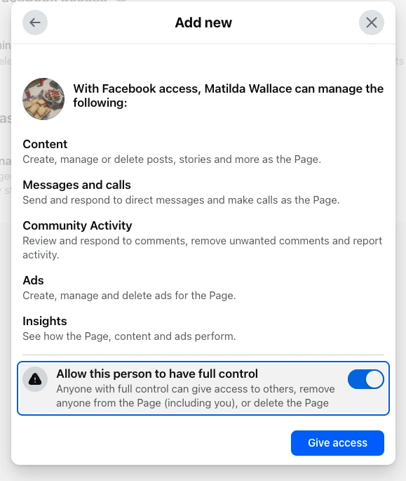 Enable full control, then press Give access