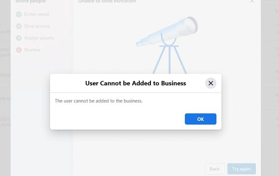 Error — User Cannot be Added to Business
