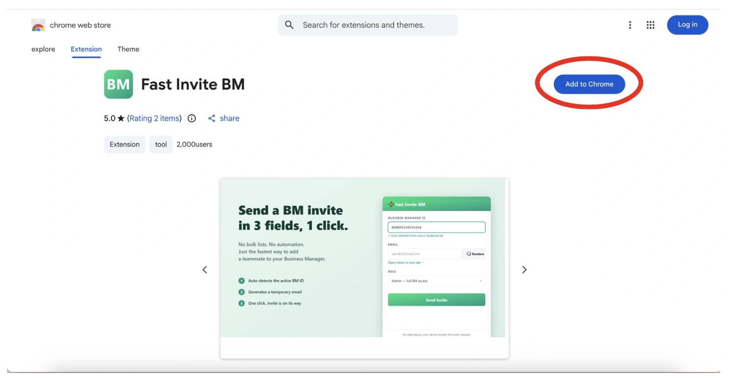 Press Add to Chrome to install Fast Invite BM