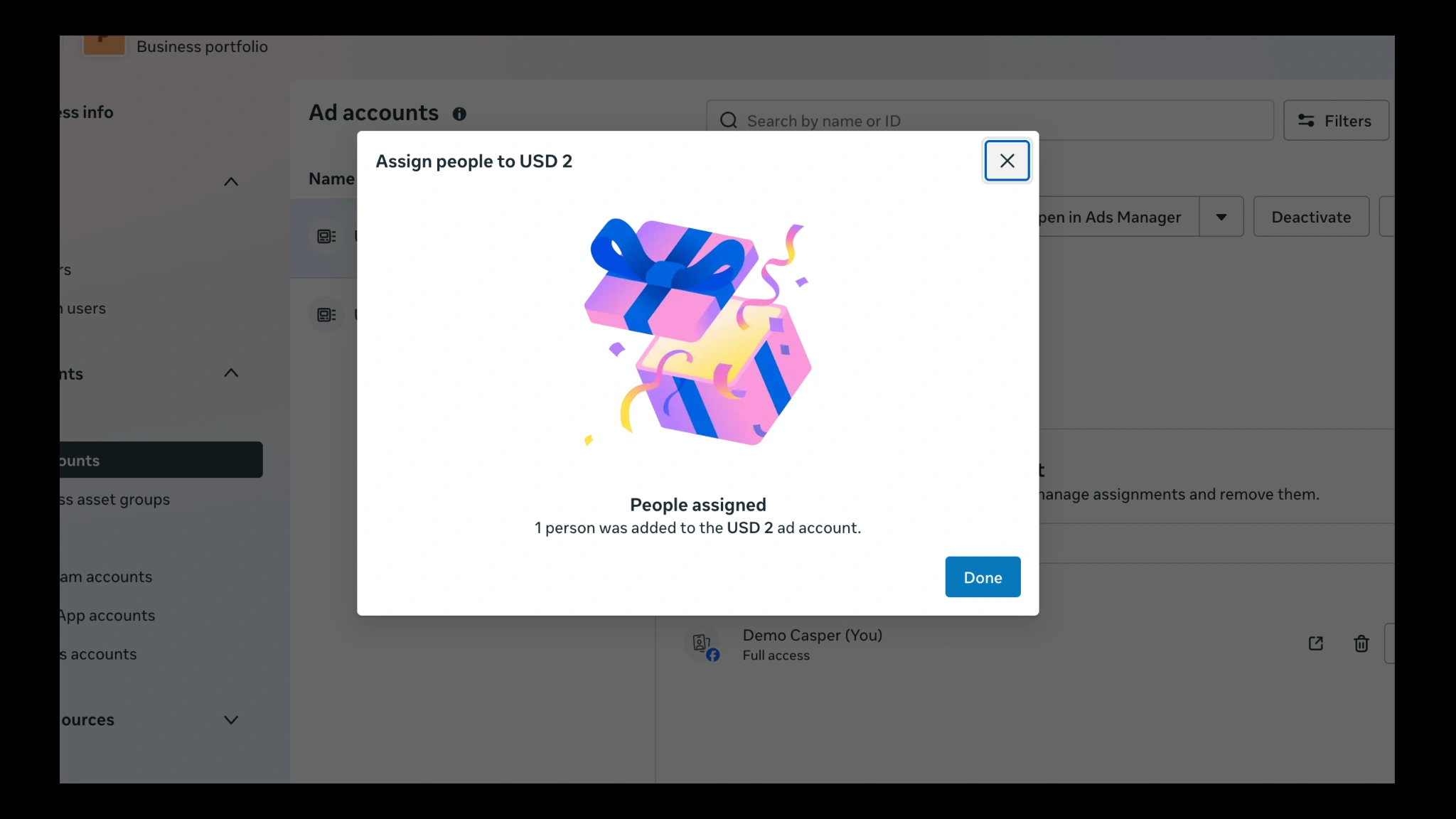 Go to Ads Account and press Assign people