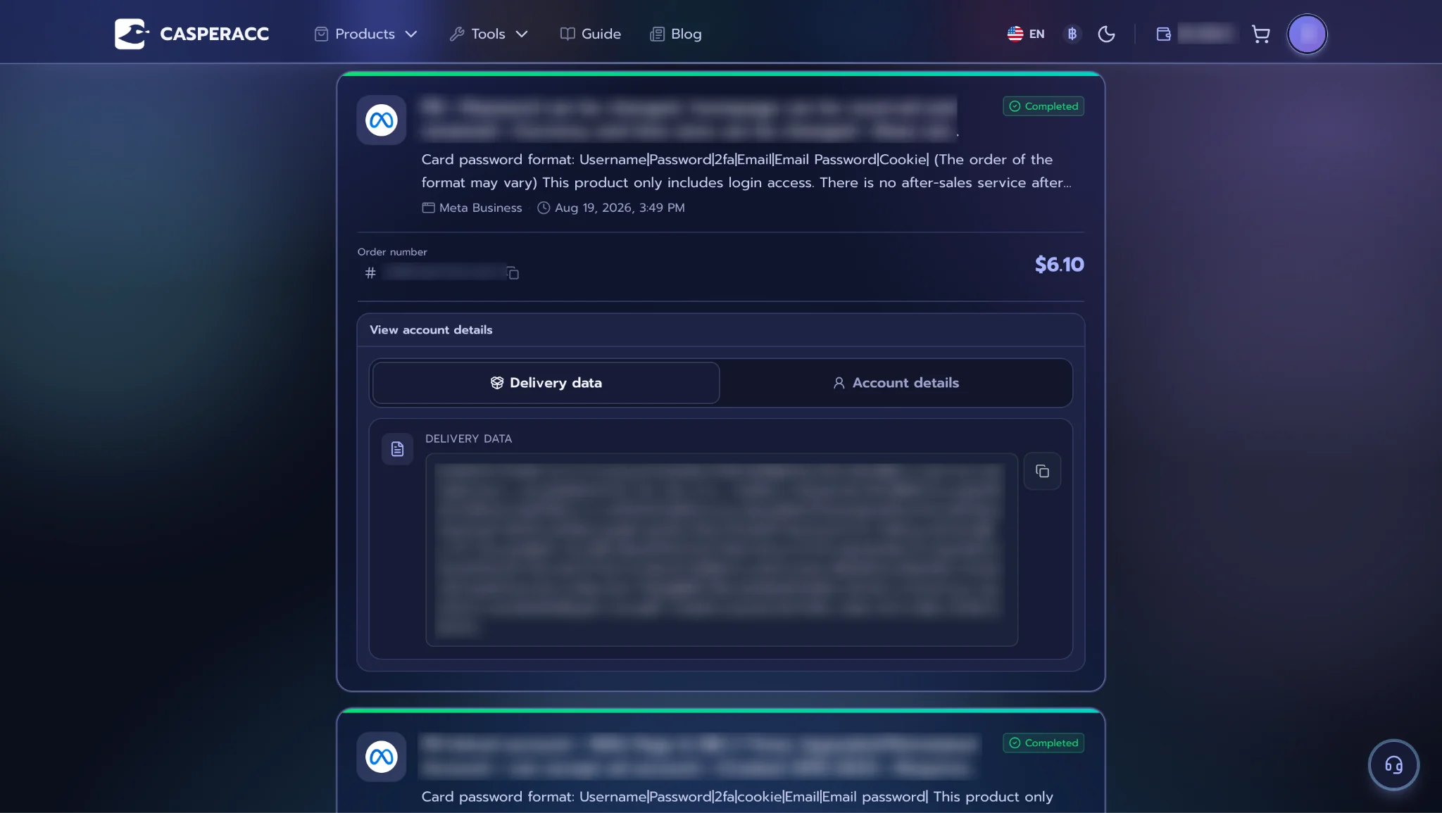 Order details with delivery data
