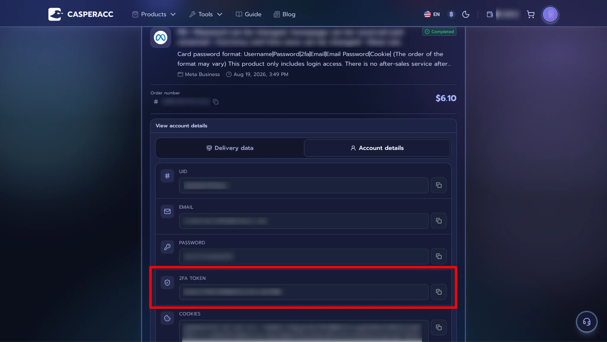 2FA token in account details