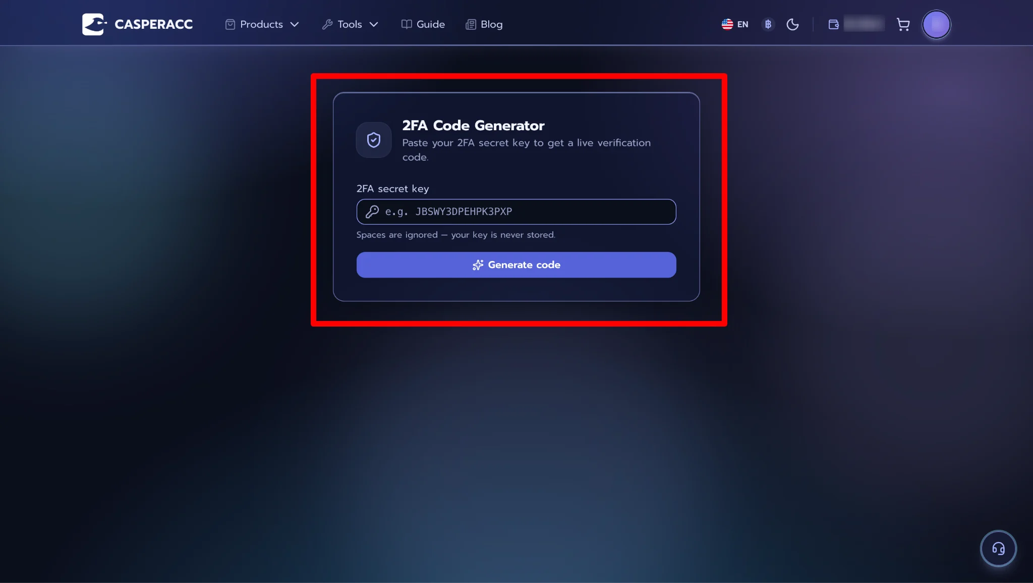 Enter the 2FA secret key and click Generate code