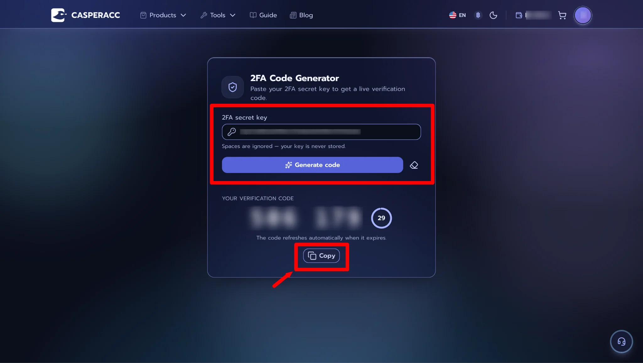 Copy the generated 2FA code