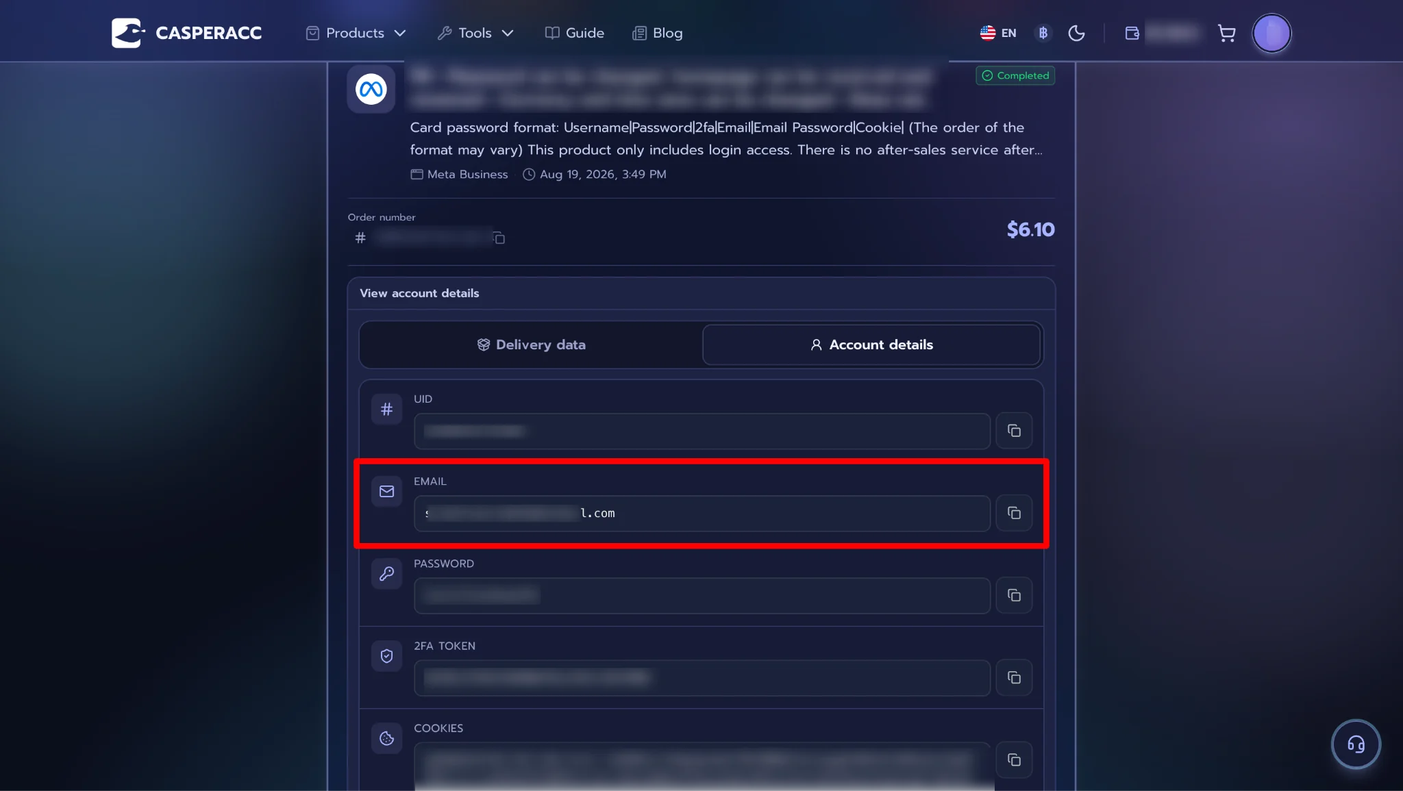 Copy the email from account details